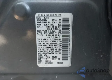 2020 Nissan Rogue Sv Intelligent Awd из США, поврежденный, VIN JN8AT2MV3LW138280